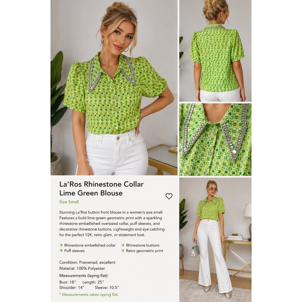 La'Ros Lime Green Geometric Rhinestone Collar Blouse CT4411‎ Womens Small